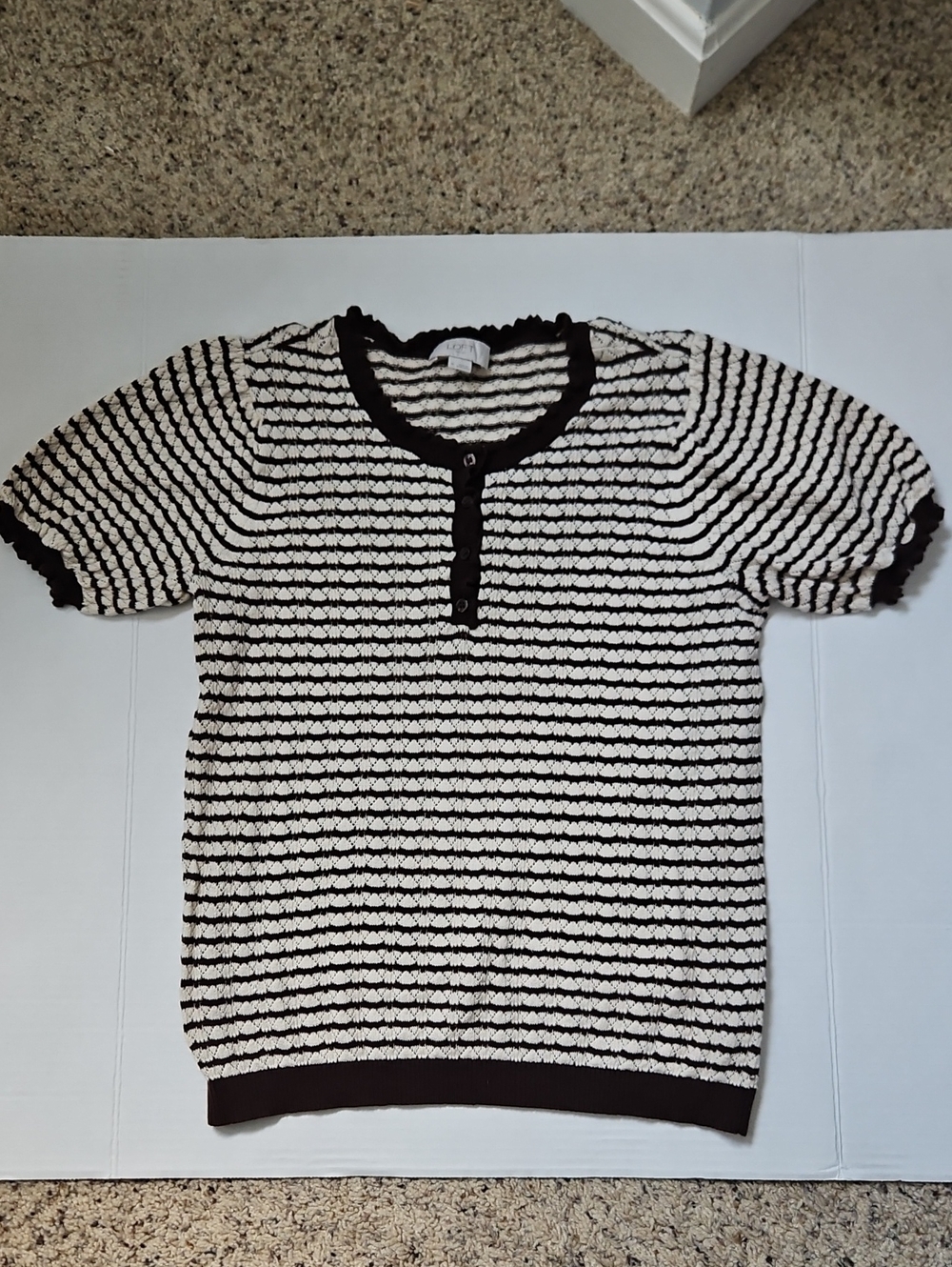 LOFT Cream & Dark Brown Striped Open-Knit Top